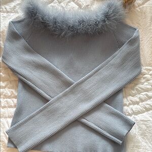 Women's Gray Sweater with Faux Fur Collar